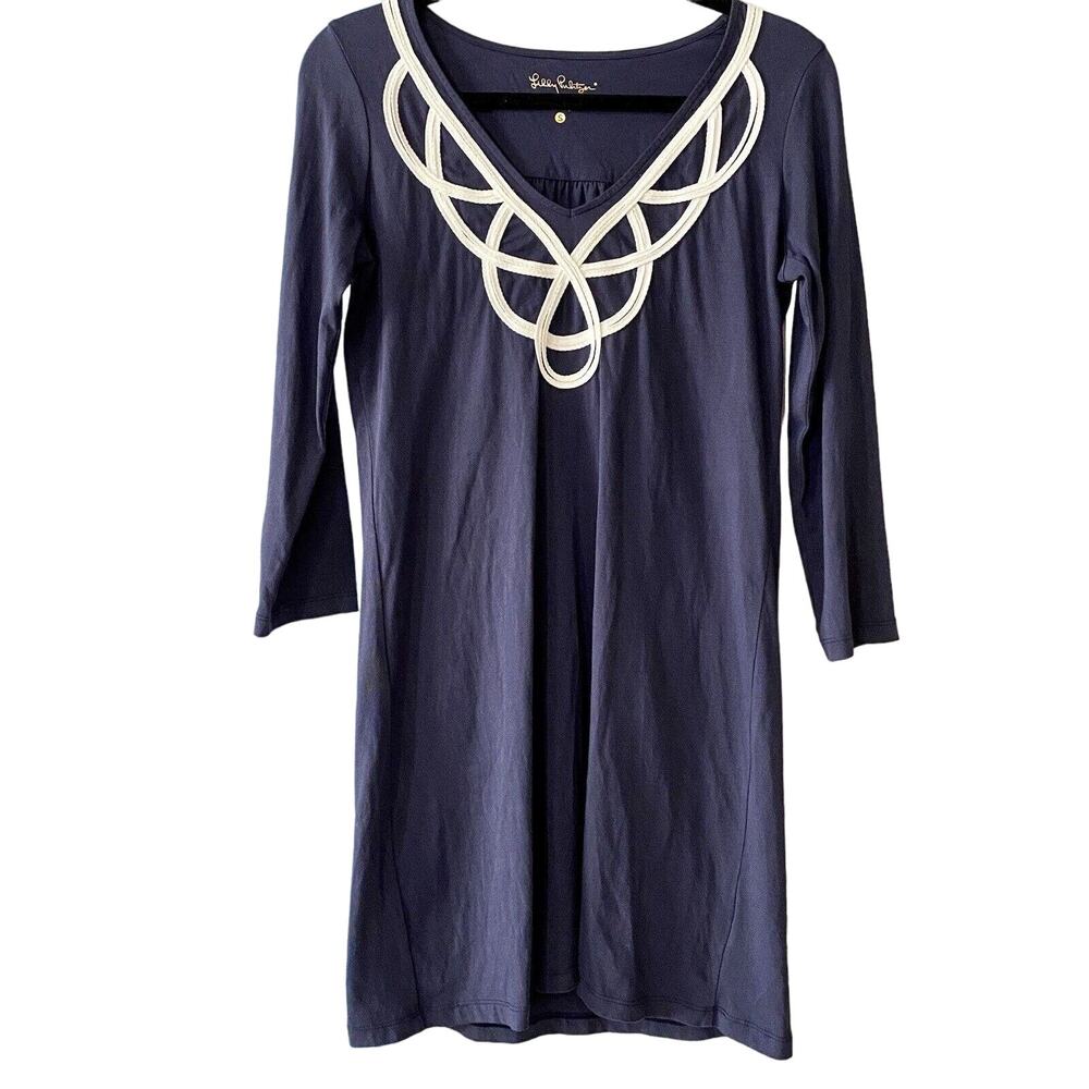 Lilly Pulitzer Navy Blue Pima Cotton 3/4 Sleeves Blaire V-neck Shirt Dress Small